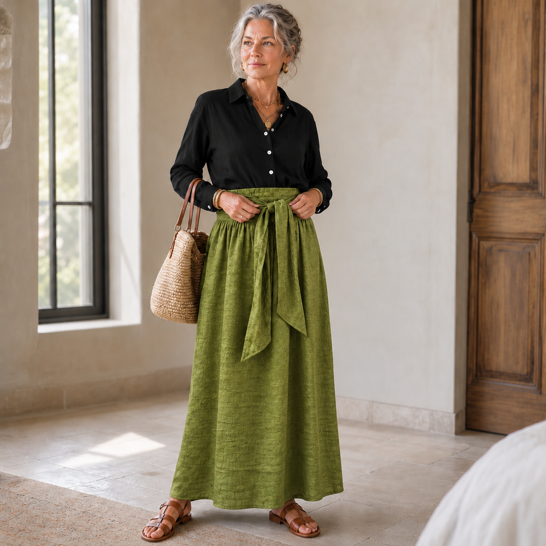 Olive Onyx | Damen Zweiteiler Knopfhemd und Midirock mit Bindegürtel