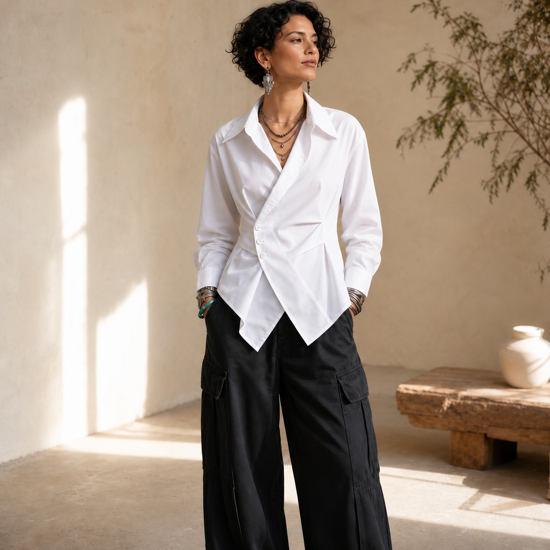 Vela | Baumwollbluse mit Twist-Detail und Wrap-Hem