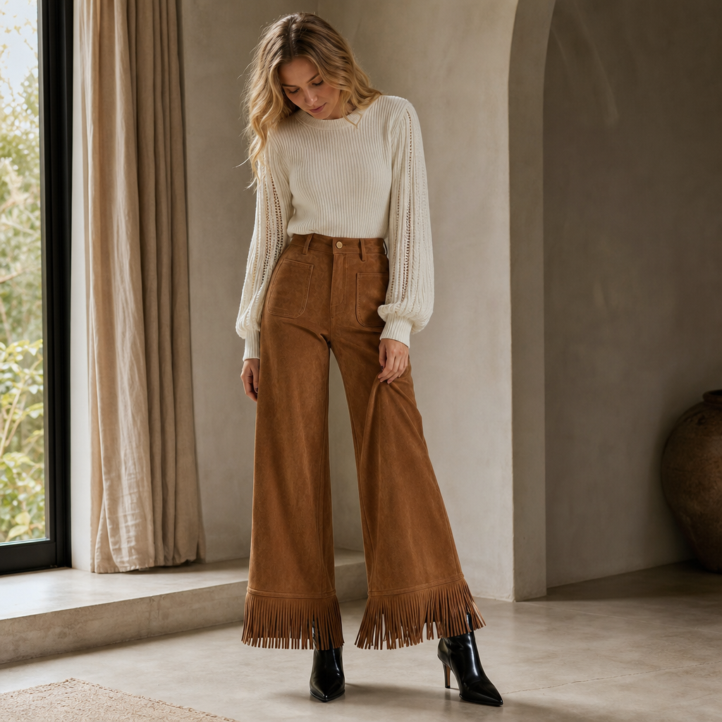 Damen Weite Hose Wildleder Look Mit Fransen