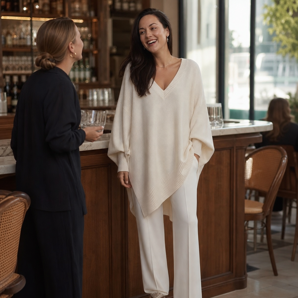Damen Oversized Pullover V-Ausschnitt Puffärmel