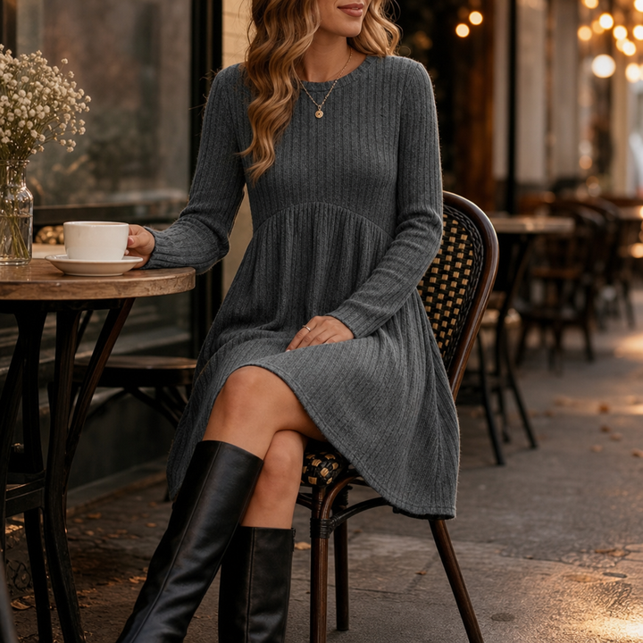 Damen Midikleid Rippstrick A-Linie Hohe Taille