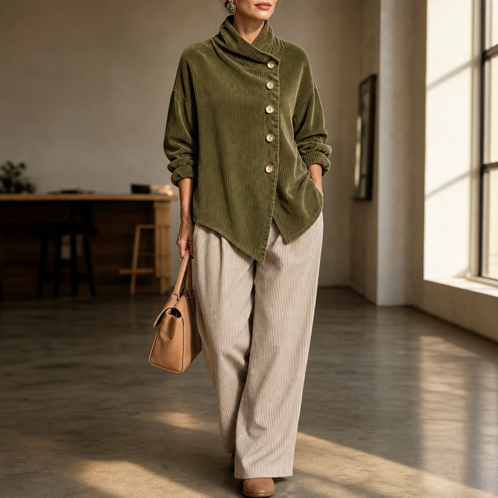 Damen Cord Oberteil Asymmetrische Knopfleiste Mit Stehkragen