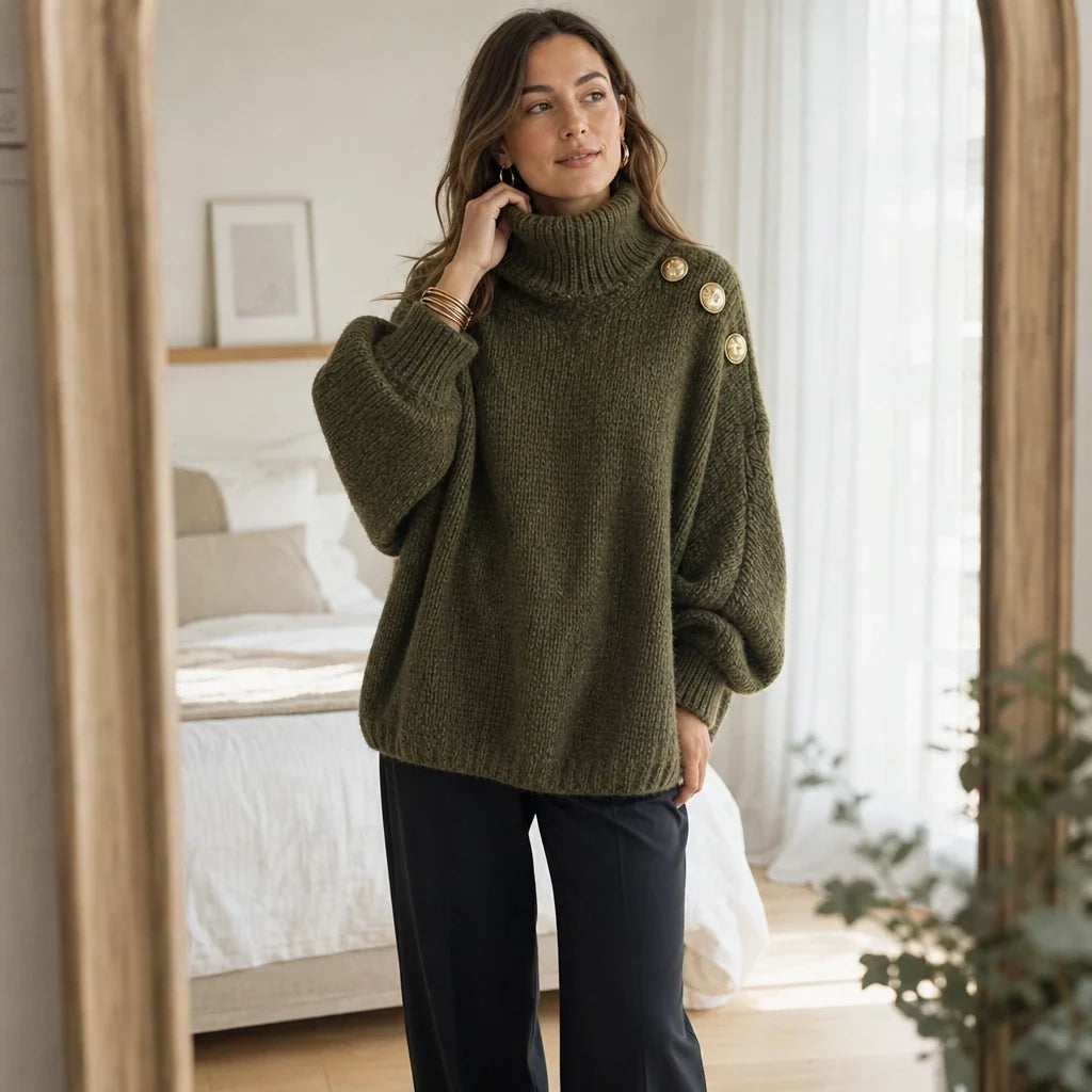 Strickpullover mit Rollkragen und Zierknöpfen an der Schulter