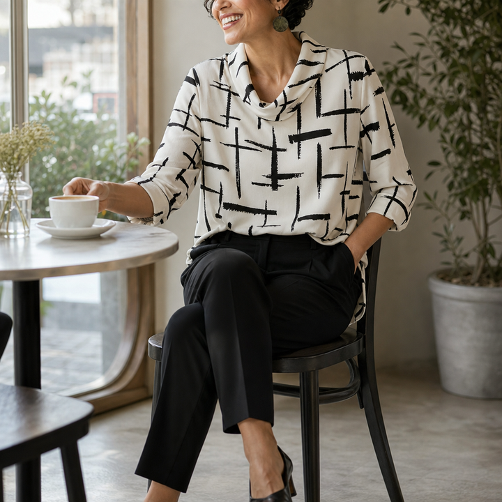 Cowlina | Damen 3/4-Arm Bluse mit Rollkragen und Kreuzmuster