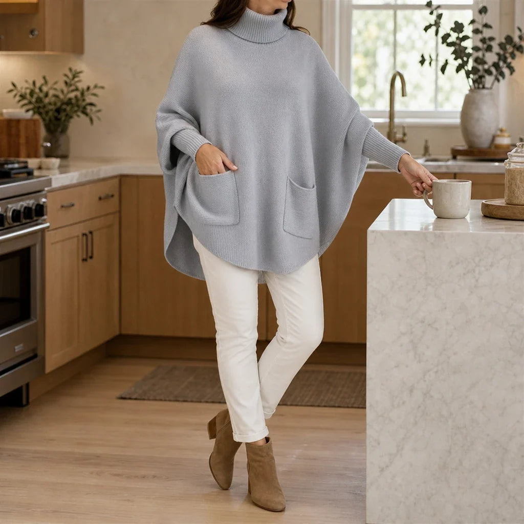 Oversized Poncho-Pullover mit Rollkragen und Taschen