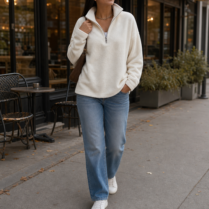 Damen Drop Shoulder Pullover Mit Viertel Reißverschluss