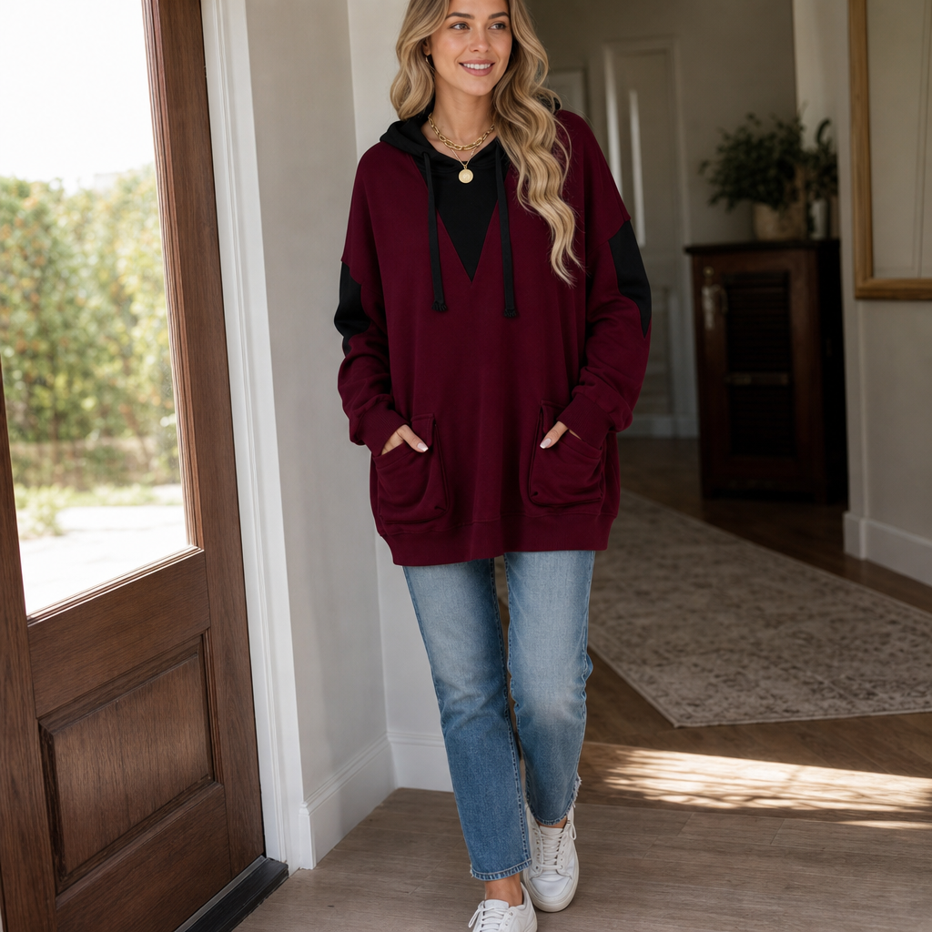 Vela | Oversized Hoodie mit V-Ausschnitt und Colorblock
