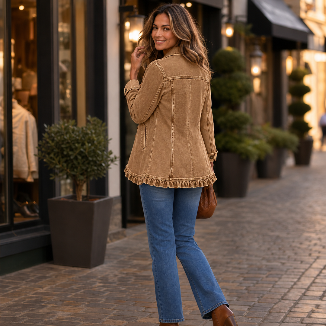 Damen Jeansjacke Mit Rüschen Und Knopfleiste
