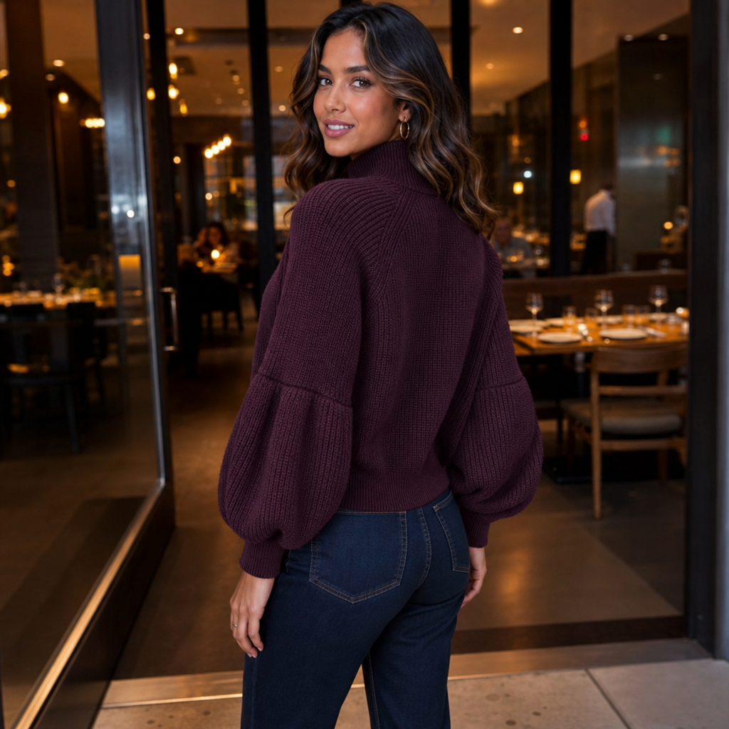 Damen Strickjacke Mit Reißverschluss Und Laternenärmeln