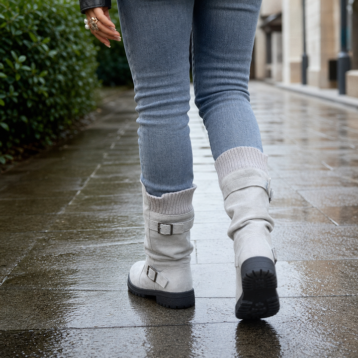 Damen Slouch Stiefel Mit Grober Sohle Und Gerippter Manschette