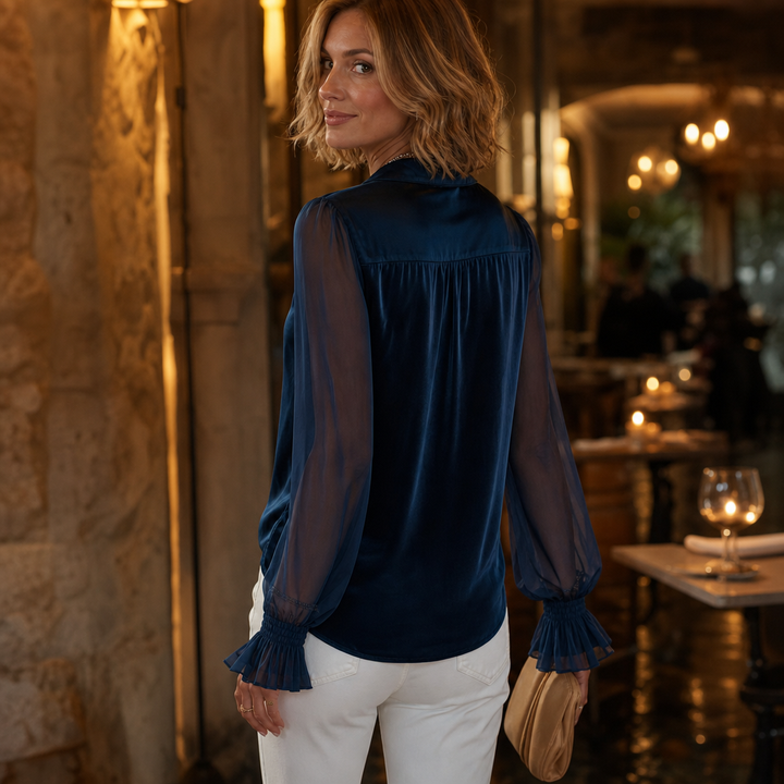 Veloura | Damen Samt-Bluse mit Patchwork und Rüschenärmeln