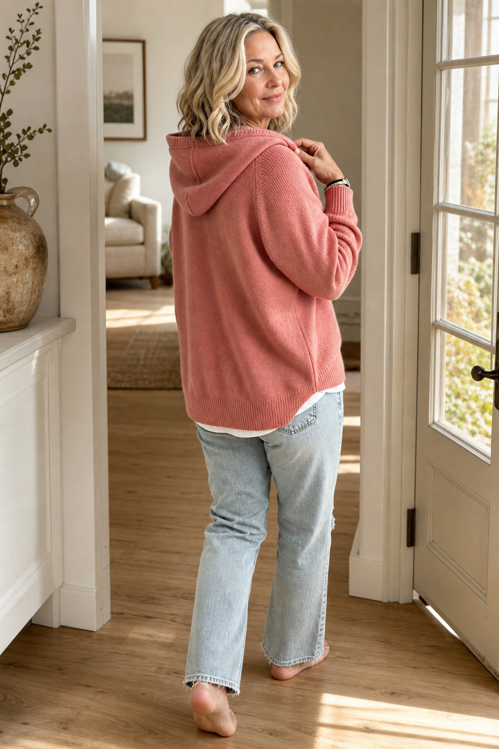 Damen Rippstrick Pullover Mit Kapuze Und Kordelzug
