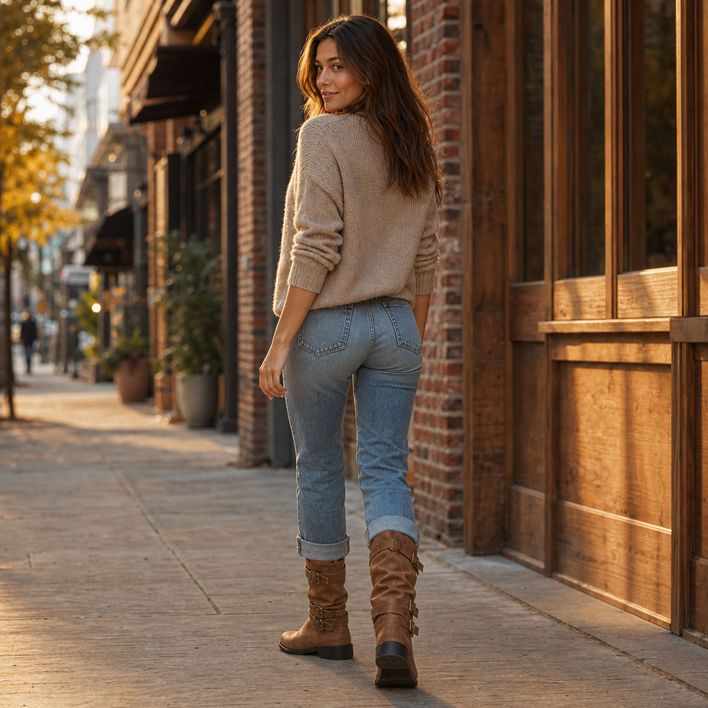 Damen Slouchy Stiefel Wadenhoch Mit Schnalle