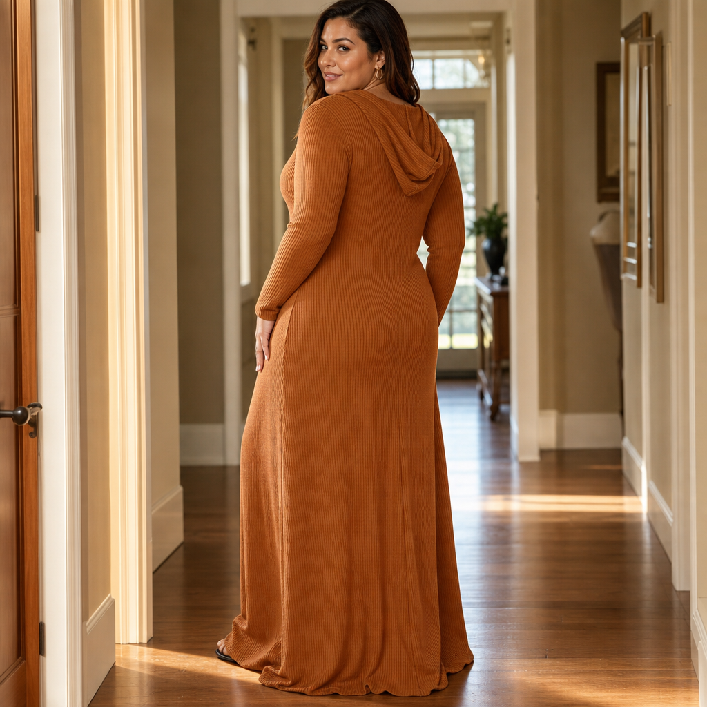Damen Rippstrick Maxikleid Mit Kapuze