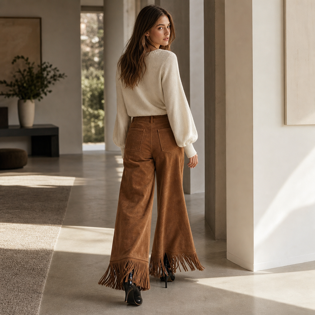 Damen Weite Hose Wildleder Look Mit Fransen