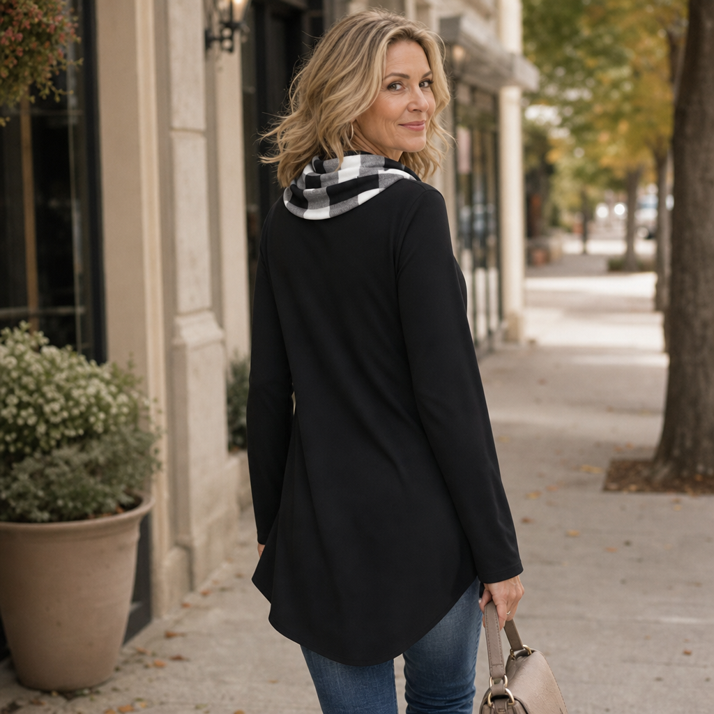 Damen Tunika Longsleeve Mit Karo Detail Zweilagiger Look