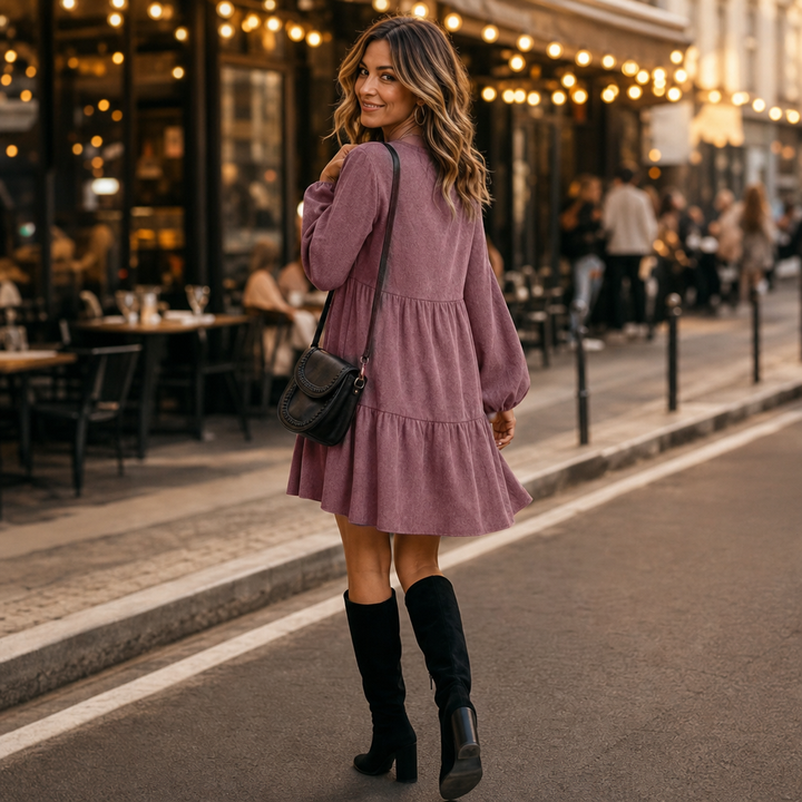 Damen Kleid Langarm Volants Gestuft