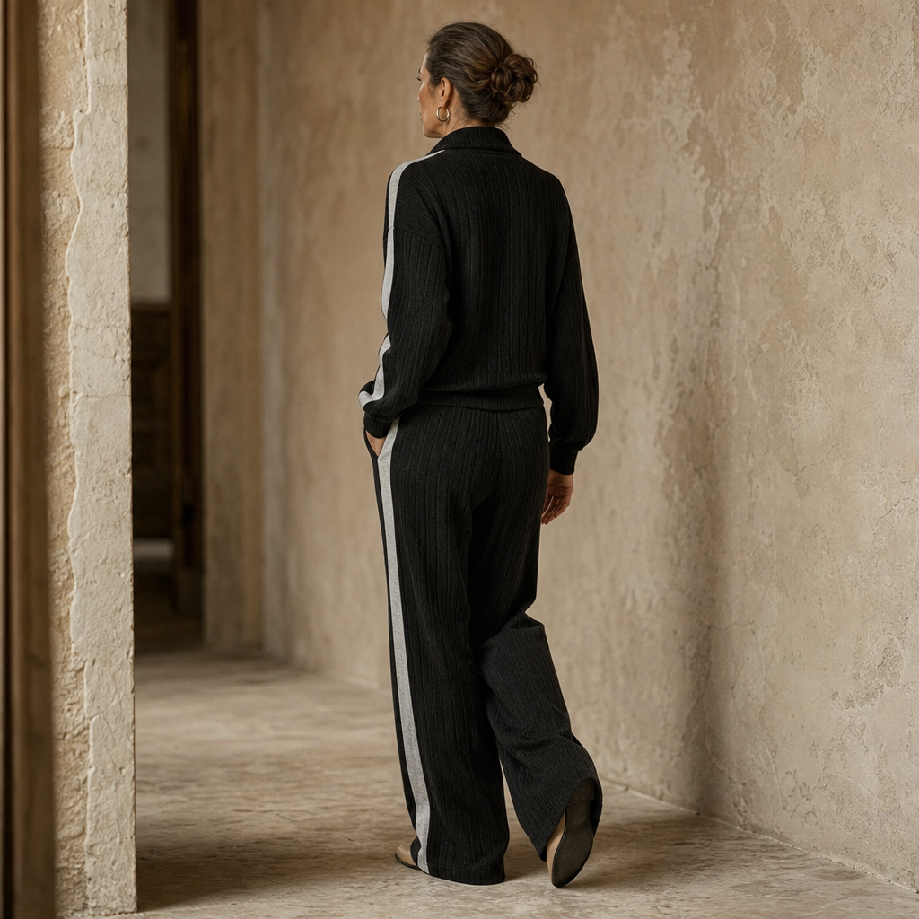 Damen Loungewear-Set geripptes Oberteil mit Halbreißverschluss und weiter Hose