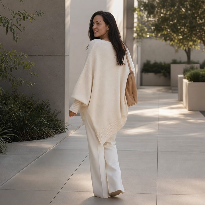 Damen Oversized Pullover V-Ausschnitt Puffärmel