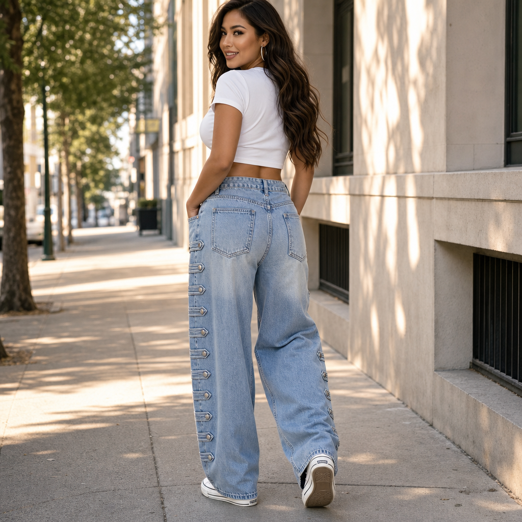 Damen Weite Jeans Mit Seitlicher Schnalle