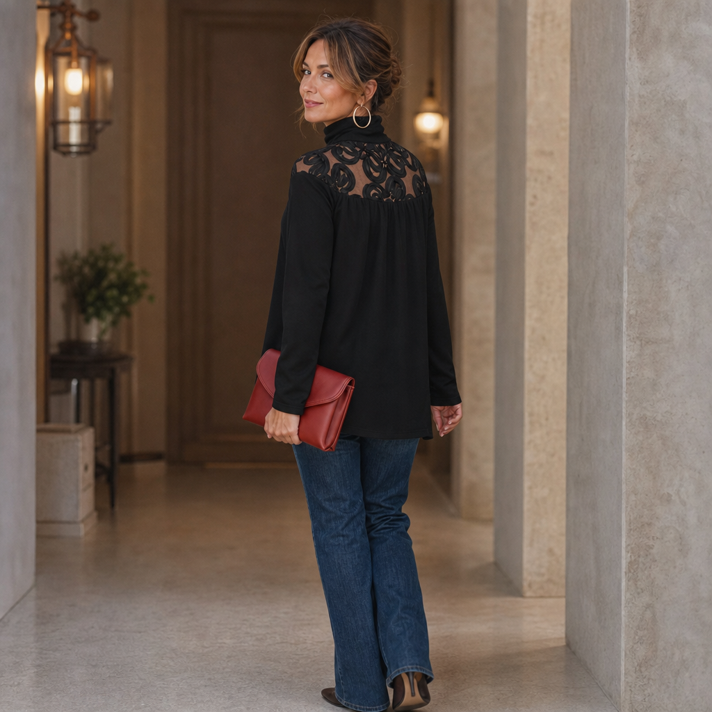 Damen Bluse Mit Spitzeneinsatz Und Stehkragen