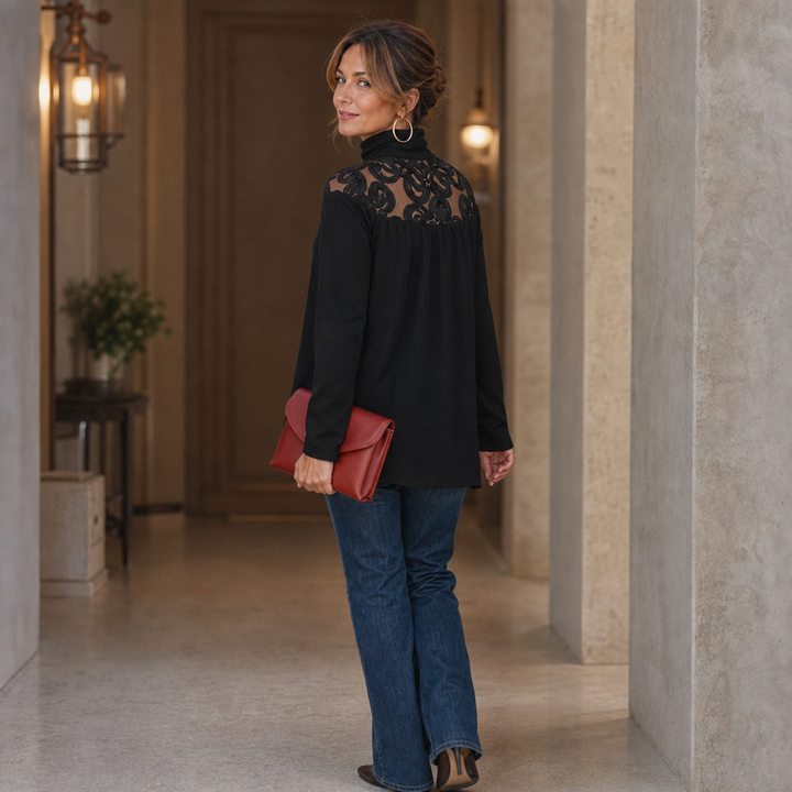 Damen Bluse Mit Spitzeneinsatz Und Stehkragen
