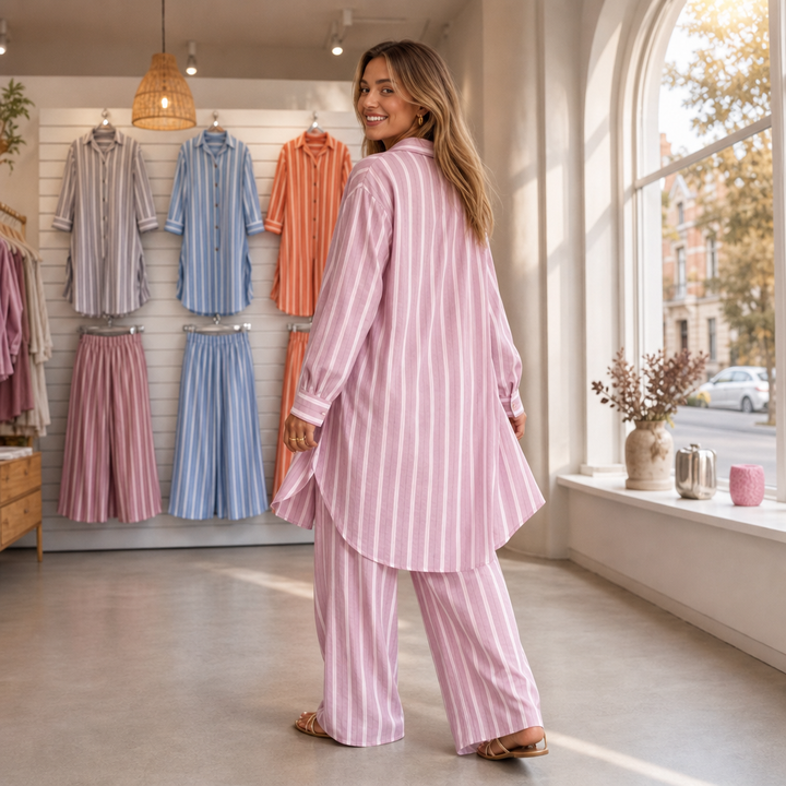 Damen Zweiteiler Gestreiftes Longline-Hemd Und Weite Hose