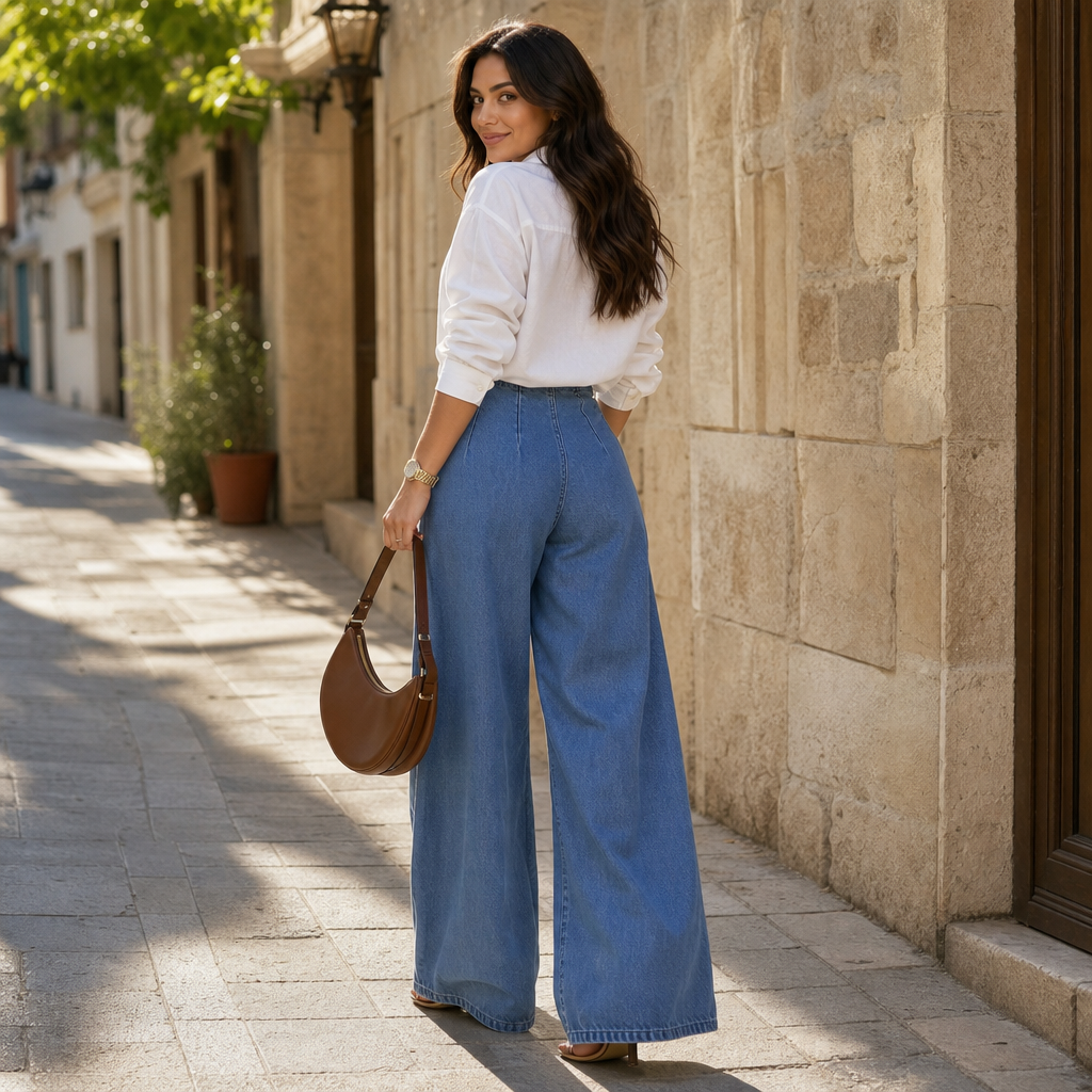 Damen Weite Jeans Hohe Taille Vintage Stil
