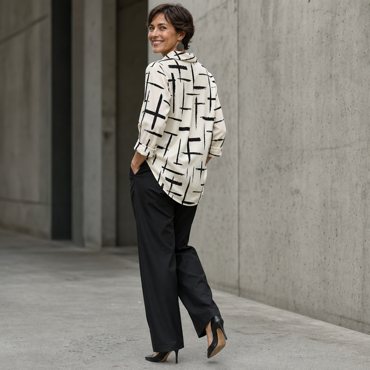 Cowlina | Damen 3/4-Arm Bluse mit Rollkragen und Kreuzmuster