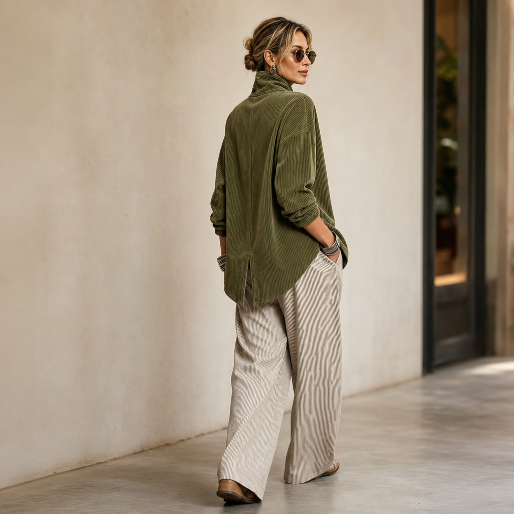 Damen Cord Oberteil Asymmetrische Knopfleiste Mit Stehkragen