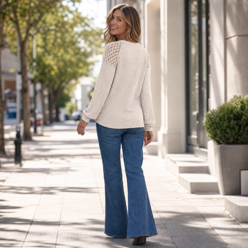 Damen Longsleeve Mit Spitzenschulter Gerippt