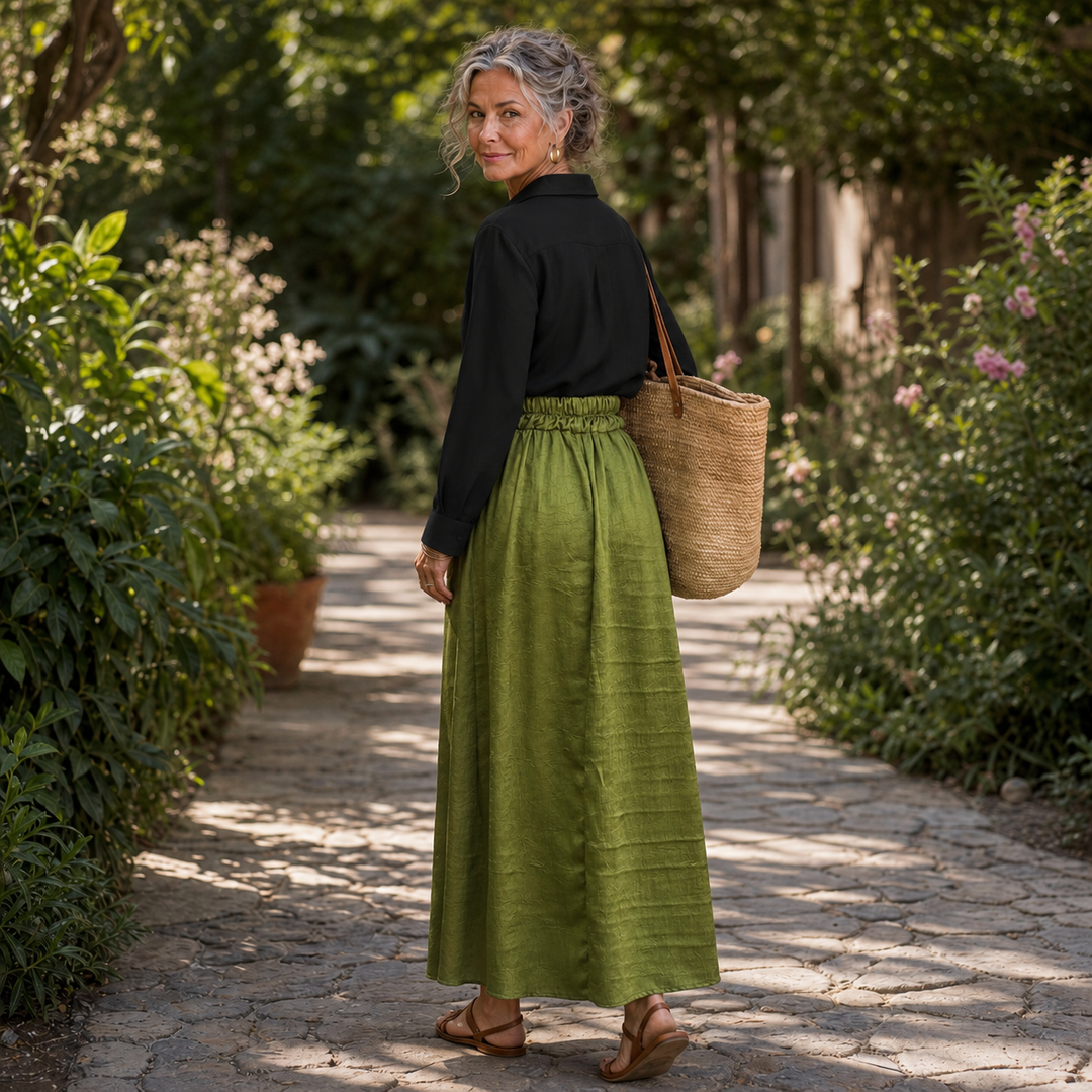 Olive Onyx | Damen Zweiteiler Knopfhemd und Midirock mit Bindegürtel