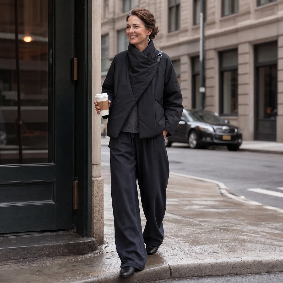 Steppjacke mit asymmetrischem Drapierungskragen