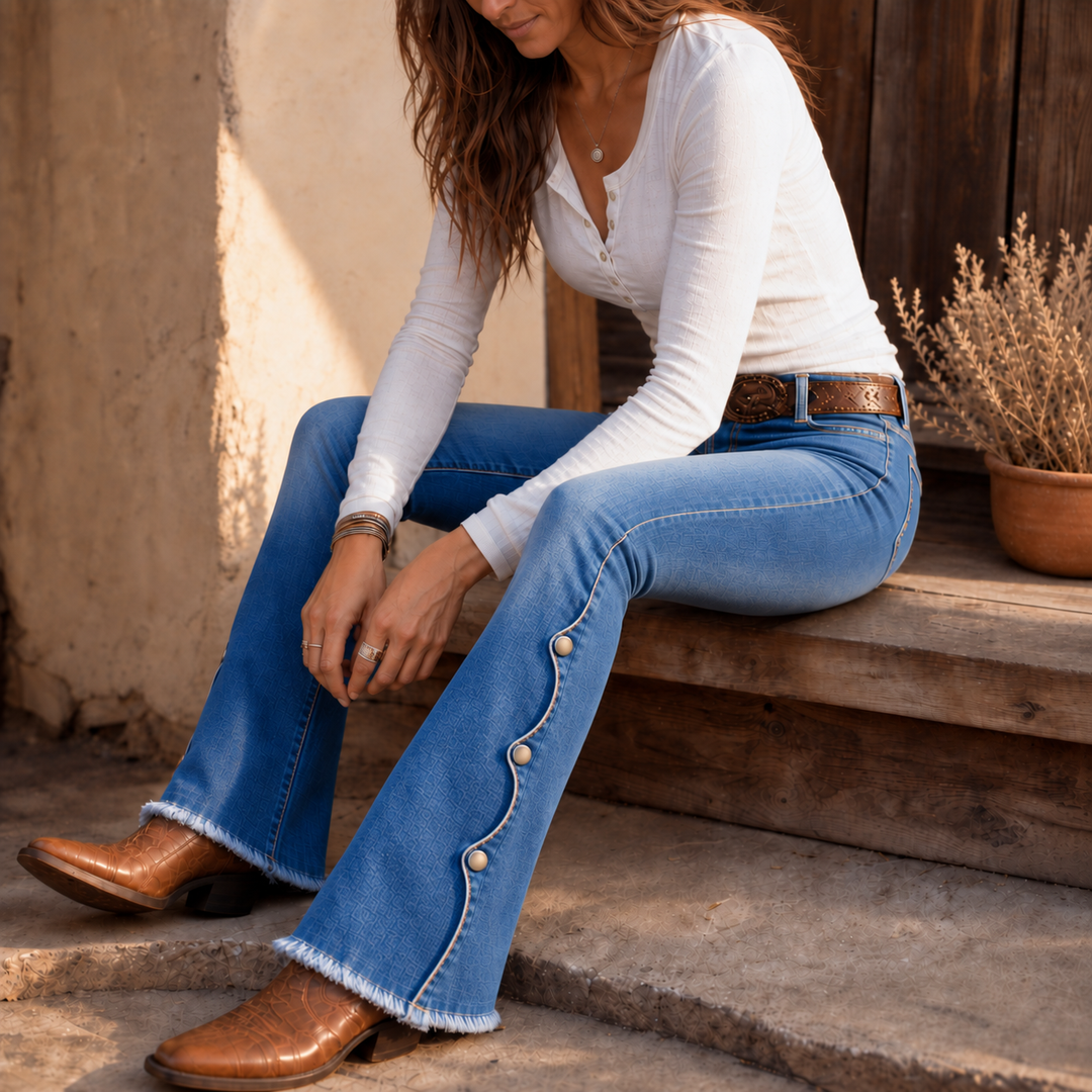 Damen Schlagjeans Mit Hoher Taille Und Seitlichen Knöpfen