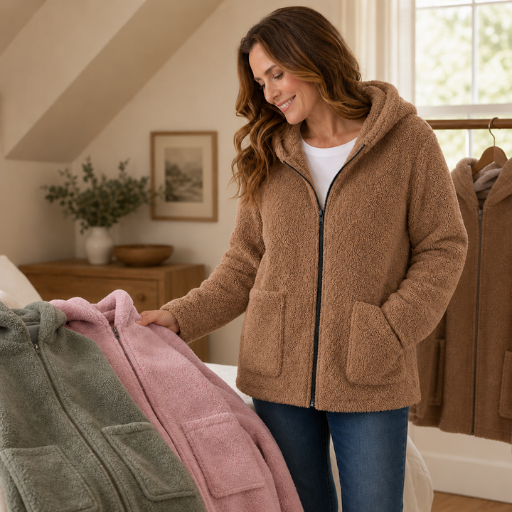Damen Plüschfleece Jacke Mit Kapuze