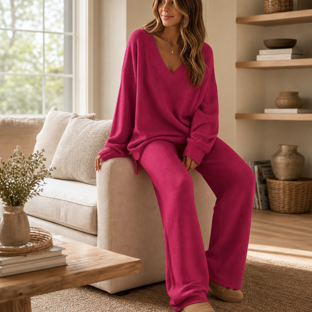 Damen Set V-Ausschnitt Pullover Und Weite Hose