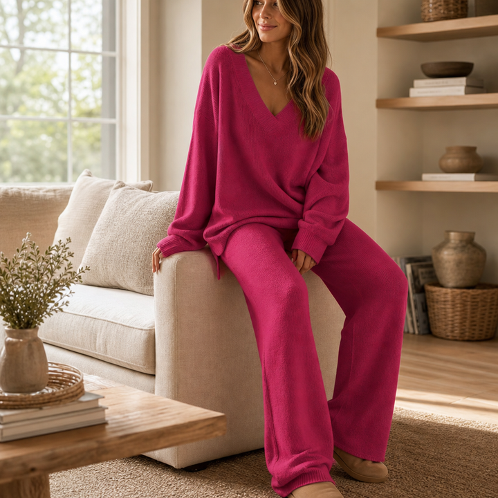 Damen Set V-Ausschnitt Pullover Und Weite Hose