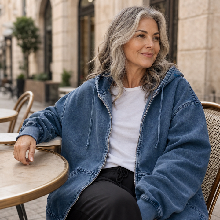 Damen Jeansjacke mit Kapuze und Reißverschluss, Oversized