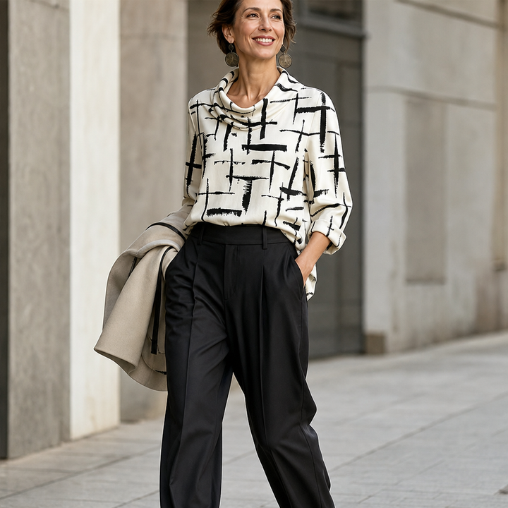 Cowlina | Damen 3/4-Arm Bluse mit Rollkragen und Kreuzmuster