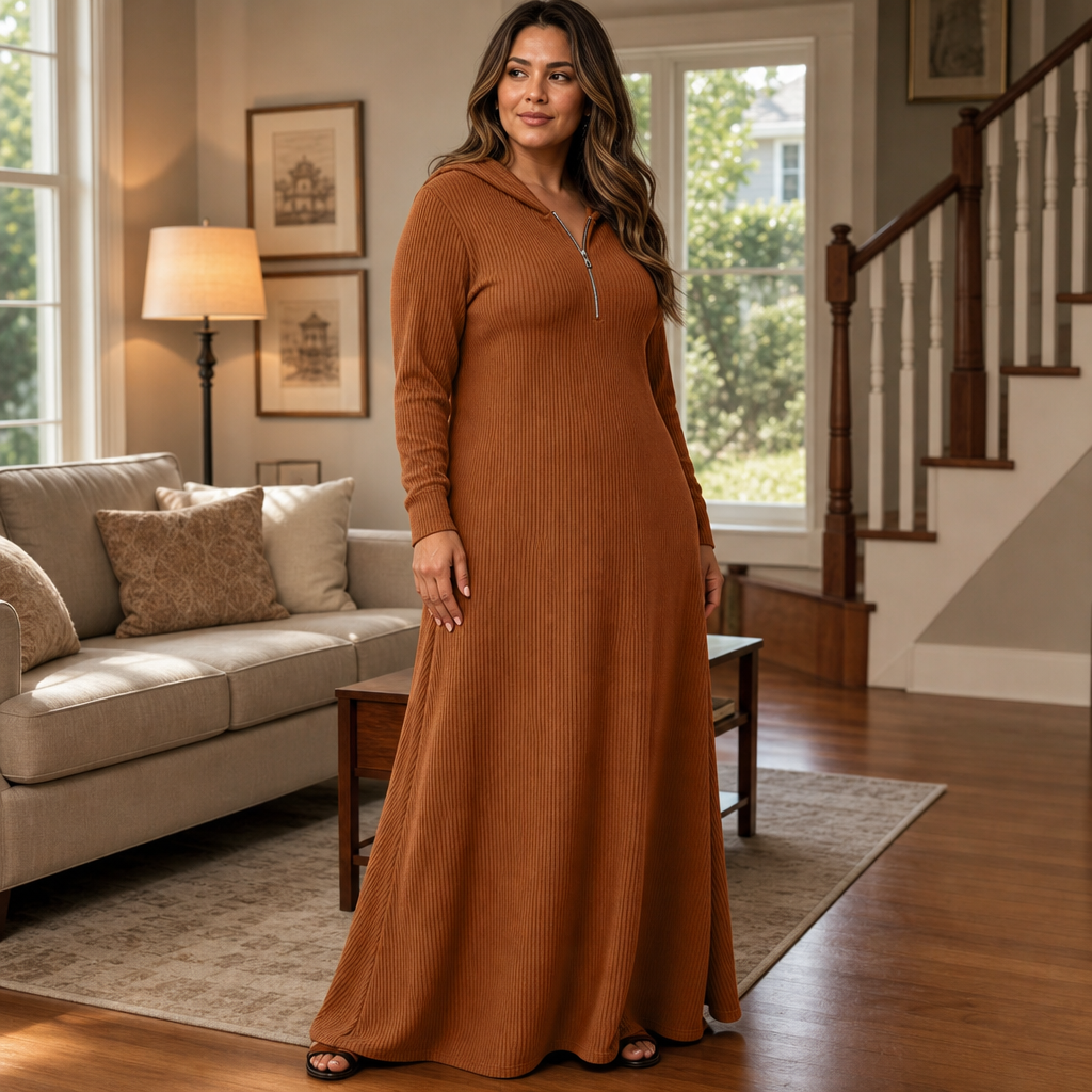 Damen Rippstrick Maxikleid Mit Kapuze