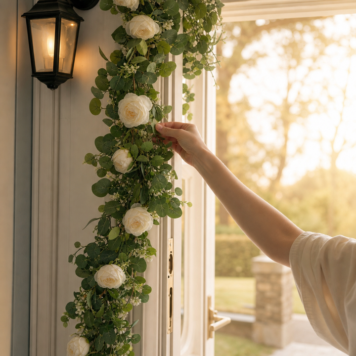 Dekorative Girlande Weiße Rosen Mit Eukalyptus