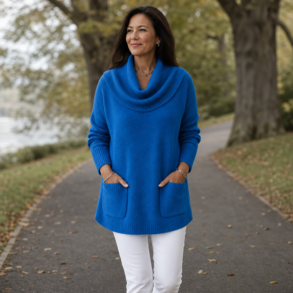 Damen Tunika Pullover Mit Wasserfallkragen