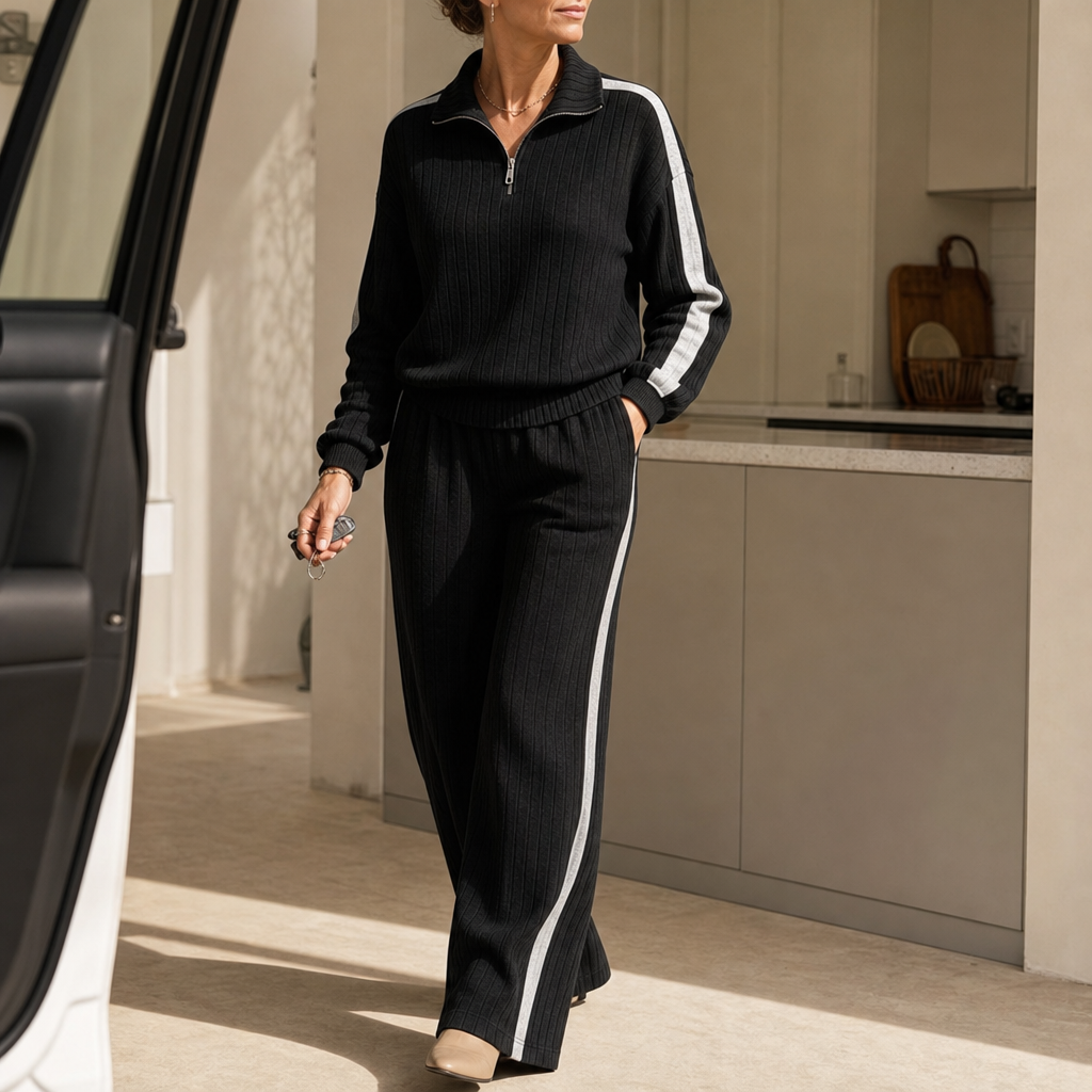 Damen Loungewear-Set geripptes Oberteil mit Halbreißverschluss und weiter Hose