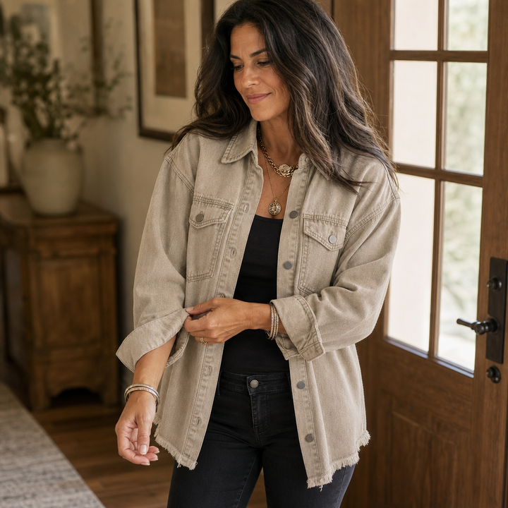 Damen Jeansjacke Mit Fransensaum Vintage Waschung