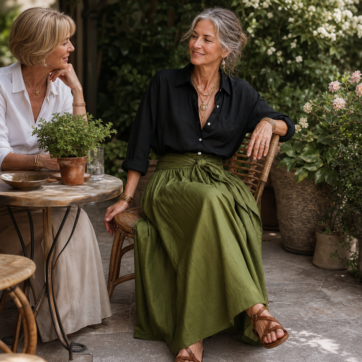 Olive Onyx | Damen Zweiteiler Knopfhemd und Midirock mit Bindegürtel