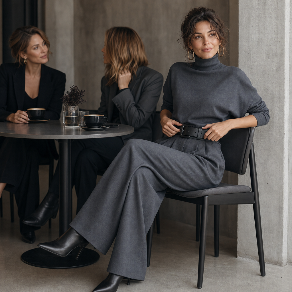 Damen Set Rollkragen Top Mit Hose Und Gürtel