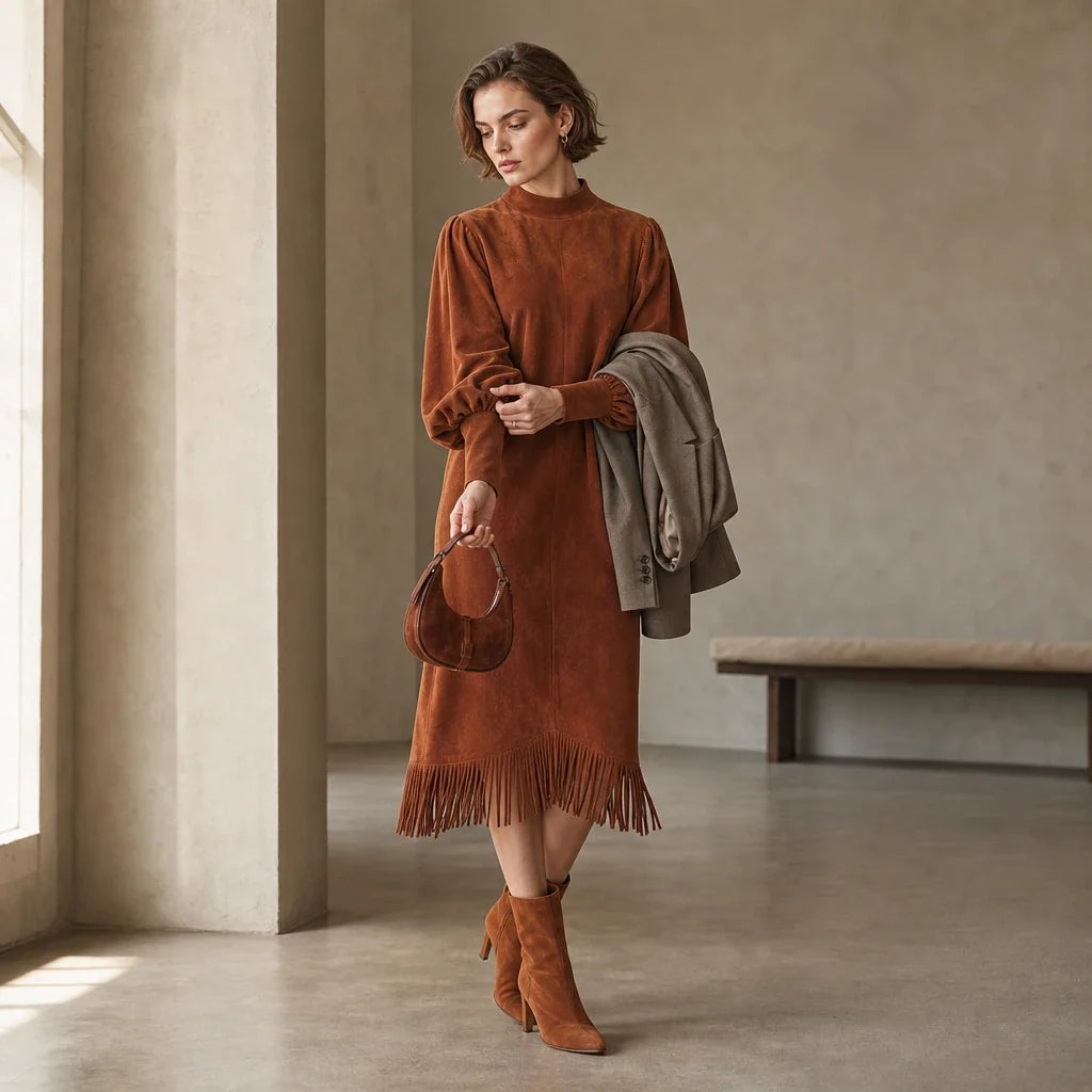 Midikleid in Wildleder-Optik mit Ballonärmeln und Fransen
