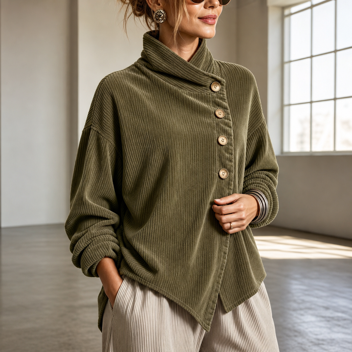 Damen Cord Oberteil Asymmetrische Knopfleiste Mit Stehkragen