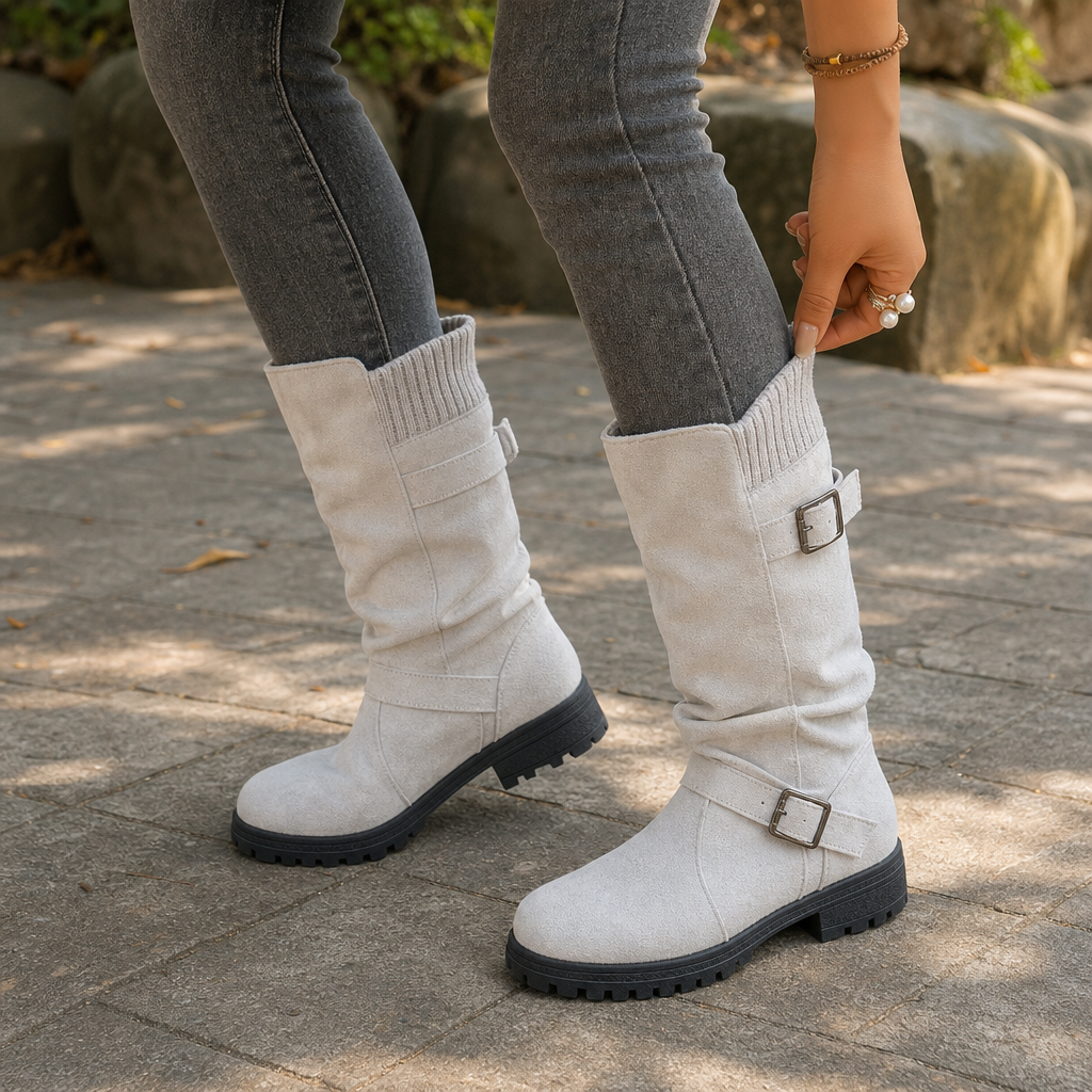 Damen Slouch Stiefel Mit Grober Sohle Und Gerippter Manschette