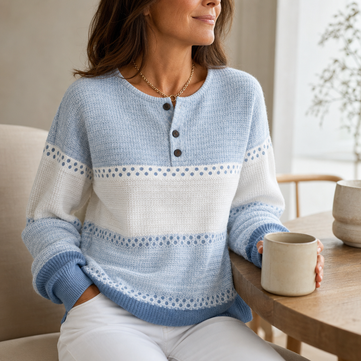 Damen Waffelstrick Henley Pullover Color Block